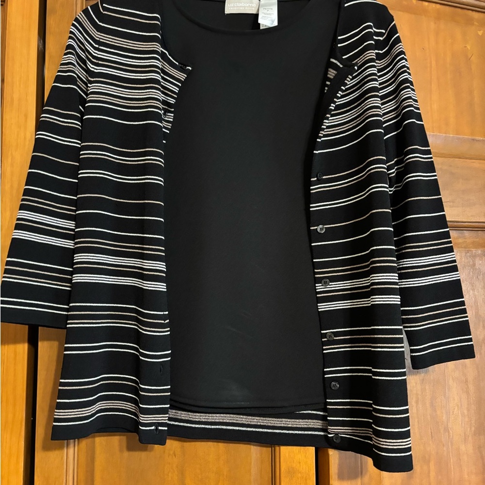 Rena Rowan Black and Cream Striped Knit Cardigan Set